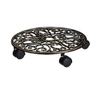 Relaxdays Porte-plantes rond à roulettes en fonte aluminium support pot de fleurs 4 roues 33,5 cm diamètre plateau métal design style antiquités stable et résistant, bronze