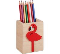 Relaxdays Pot à Crayons Flamant Rose, Bois, HxLxP : 10 x 8 x 6 cm, Porte-stylos pour Bureau, pinceaux, Nature - Rouge