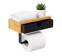 Relaxdays Porte-Rouleau Papier Toilette avec étagère, Noir/Naturel | Smartphone, clés, en bambou et métal