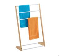 Relaxdays Porte-serviette sur pied, 3 barres, salle de bain, chambre, HLP : 98 x 62 x 30 cm, bambou et fer, nature/blanc