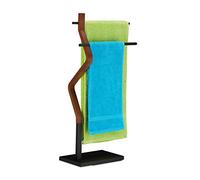 Relaxdays Porte-Serviettes Autonome, Support à torchons, 2 Barres, pour lavettes, Bois & métal, Noir/Marron, Plaque de Fibres, 1 élément