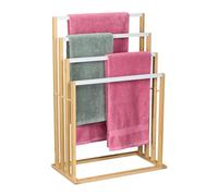 Relaxdays Porte-Serviettes en Bambou, 4 Barres en quinconce, H x L x P : 82 x 55 x 31 cm, Salle de Bain, Nature et Blanc