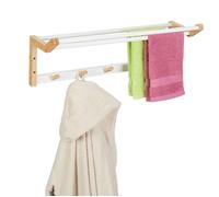 Relaxdays Porte-serviettes mural, HxLxP : 22x60x20 cm, crochets & barres sèche-serviettes, bambou, naturel/blanc