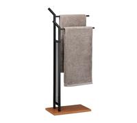 Relaxdays, noir Porte pied, Support pour serviettes de bain 2 barres fer aspect bois, 88 x 40 x 20 cm, MDF