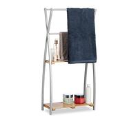 Relaxdays Porte-Serviettes Sur Pied Design X 2 Étagères Support Serviettes de Bain SDB 93x46x20cm, Bambou+Acier, Nature