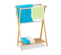 Relaxdays Porte-serviettes sur pieds, 5 barres, bambou, acier inoxydable, support à lavettes de salle de bain, 87x58,5x36 cm, nature