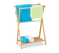 Relaxdays Porte-Serviettes sur Pieds, 5 Barres, Bambou, Acier Inoxydable, Support à lavettes de Salle de Bain, 87x58,5x36 cm, Nature