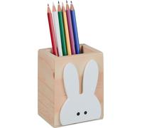 Relaxdays Pot à Crayons Lapin, Bois, HxLxP : 10 x 8 x 6 cm, Porte-stylos pour Bureau, pinceaux, Nature - Blanc