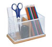 Relaxdays Porte-stylos Bambou et métal, HxLxP: 11 x 19 x 10 cm, Porte-stylos pour Bureau, Nature-Blanc