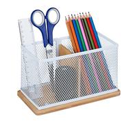 Relaxdays Porte-stylos Bambou et métal, HxLxP: 11 x 19 x 10 cm, Porte-stylos pour Bureau, Nature-Blanc
