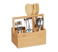 Relaxdays Porte-ustensiles de cuisine bambou, 4 compartiments, avec poignée, range-couverts, serviettes de table, nature