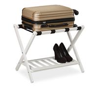 Relaxdays Porte-Valise Pliant, Bois, H x L x P : 54,5 x 66 x 44,5 cm, 2 étagères, Repose Bagages hôtel, Blanc