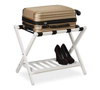 relaxdays Porte-Valise Pliant, Bois, H x L x P : 54,5 x 66 x 44,5 cm, 2 étagères, Repose Bagages hôtel, Blanc
