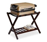 relaxdays Porte-Valise Pliant, Bois, H x L x P : 54,5 x 66 x 44,5 cm, 2 étagères, Repose Bagages hôtel, Marron