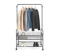 Relaxdays Portemanteau à roulettes, 2 étagères, Tringle, Crochets, H x L x P 165 x 90 x 30 cm, penderie Mobile, Noir