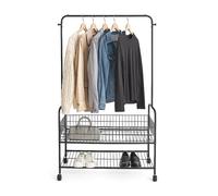 Relaxdays Portemanteau à roulettes, 2 étagères, Tringle, Crochets, H x L x P 165 x 90 x 30 cm, penderie Mobile, Noir