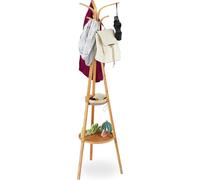 Relaxdays Portemanteau Moderne en Bambou, 6 Crochets, 2 étagères, Porte-Vestes Design en Bois, 178x50x50 cm, Nature, Polyester, 178 x 50 x 50 cm