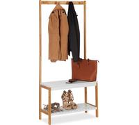 Relaxdays Portemanteau banc à chaussures, 4 crochets vestes, Meuble entrée, bambou et MDF, 150x70,5x30 cm, nature-blanc, Taille Unique