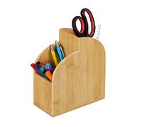 Relaxdays Pot à Crayon en Bambou, Organiseur de Bureau, 2 Compartiments, HxLxP : 20x17x9 cm, boîte à stylos, Nature