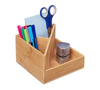 Relaxdays Pot à Crayon en Bambou, Organiseur de Bureau, 3 Compartiments, HxLxP : 10,5x16,5x16,5 cm, pour stylos, Nature