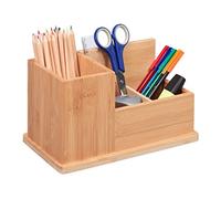 Relaxdays Pot à Crayons en Bambou, Organiseur de Bureau, 3 Compartiments, H x L x P : 14 x 24,5 x 14 cm, Nature