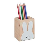 Relaxdays Pot à Crayons Lapin, Bois, HxLxP : 10 x 8 x 6 cm, Porte-stylos pour Bureau, pinceaux, Nature - Blanc