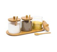 Relaxdays 10019135 Pot à épices JIAO condiments boîte conservation cuisine couvercle en bambou H x l x P: 12 x 31 x 12 cm verre et cuillère assortie, couleur naturelle
