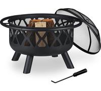 Relaxdays Brasero avec Protection étincelles, Jardin et terrasse, tisonnier, Foyer extérieur, en Acier; D 75 cm, Noir