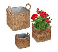 Relaxdays Pot de Fleur, Lot de 3, en zostère, 3 Tailles, Pot intérieur en Zinc, pour Jardin, Balcon, terrasse, Nature