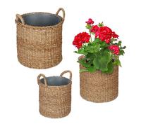Relaxdays Pot de Fleur Rond, Lot de 3, en zostère, Panier pour Herbes, Plantes et Fleurs, Jardin, Balcon, Nature