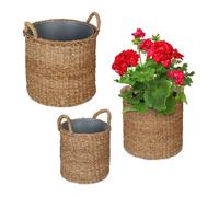 Relaxdays Pot de fleur rond, lot de 3, en zostère, panier pour herbes, plantes et fleurs, jardin, balcon, nature