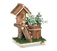 Relaxdays Pot de Fleurs en Bois, avec Maison d’Oiseau de déco & la Mousse, souche d’Arbre, décoration Rustique, Marron