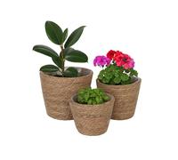 Relaxdays Pot de Fleurs, Lot de 3, en Roseau, Pots avec Doublure, 3 Tailles, Style bohème, Cache-Pots Ronds, Naturel