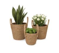 Relaxdays Pot de fleurs, lot de 3, en roseau, pots avec doublure et poignées, 3 tailles, style bohème, cache-pots ronds