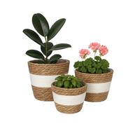 Relaxdays Pot de Fleurs, Lot de 3, en Roseau, Pots doublés, 3 Tailles, Style bohème, Cache-Pots Ronds, Blanc/Marron