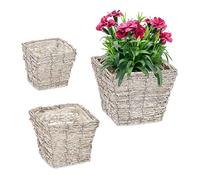 Relaxdays Pot de Fleurs, Lot de 3, rotin, bac avec Film, 3 Tailles, Cache-Pots carrés pour intérieur, Blanc-Nature