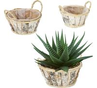 Relaxdays Pot de Fleurs, lot 3, Bois, bacs avec poignées, 3 Tailles, Cache-Pots pour intérieur & extérieur, Blanc-Nature