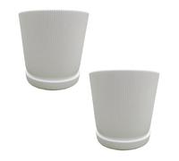 Relaxdays Pot de fleurs set de 2 pot avec soucoupe motif rayé H x P : 20 x 20 cm pot à herbes plastique blanc