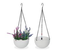 Relaxdays Pot de fleurs suspendu, lot de 2, trou de drainage, indicateur niveau d'eau, aspect tressé, 54x18,5 cm, blanc