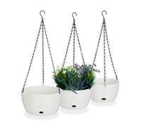 Relaxdays Pot de fleurs suspendu, lot de 3, diff. tailles, arrosage automatique, porte-plantes, trou de drainage, blanc