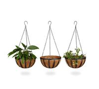 Relaxdays Pot de fleurs suspendu panier plantes coco lot de 3 30 cm diamètre 21 L avec chaîne, marron