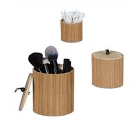 Relaxdays Pot de Rangement avec Couvercle, Lot de 3, Bambou, Plusieurs Tailles, pinceaux & cosmétiques, Nature