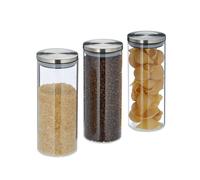 Relaxdays 10028000 Pots de Stockage Jeu de 3, 1l, étanche, Couvercle Acier INOX, pâtes, céréales et Riz Contenant pour Cuisine, Argent/Transparent, 24 x 9.5 x 9.5 cm