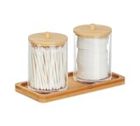 Relaxdays Pots à Cotons-tiges avec Tablette, 2 récipients avec couvercles, Plastique/Bambou, Transparent - Nature