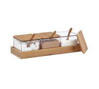 Relaxdays Pots à épices, lot de 3, bocaux avec cuillère et couvercle, plastique, bambou, plateau, cuisine, transparent