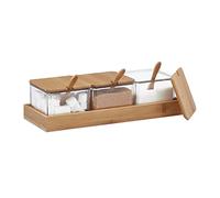 Relaxdays Pots à épices, Lot de 3, bocaux avec cuillère et Couvercle, Plastique, Bambou, Plateau, Cuisine, Transparent