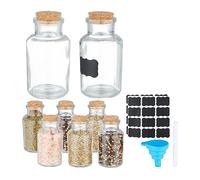 Relaxdays Pots à épices, Lot de 8, Couvercle en liège, Verre, 150 ML, étiquettes, Stylo & Entonnoir Inclus, Transparent