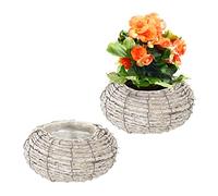 Relaxdays Pots de Fleurs, Lot de 2, rotin, Blanc-Nature | cache-pots avec film, HxD: 10x20 cm, bacs ronds pour intérieur