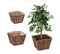 Relaxdays Pots de Fleurs, Lot de 3, Bois, avec Film, 3 Tailles, Plantes & Herbes, bacs carrés, Nature