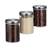 Relaxdays Pots de stockage jeu de 3, 600 ml, étanche, couvercle acier inox, Epices, riz et thé, bocal transparent